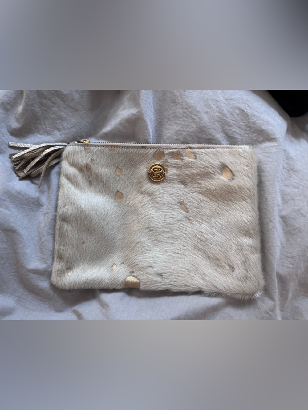 Gold Spot Cream Haircalf Clutch with Tassel